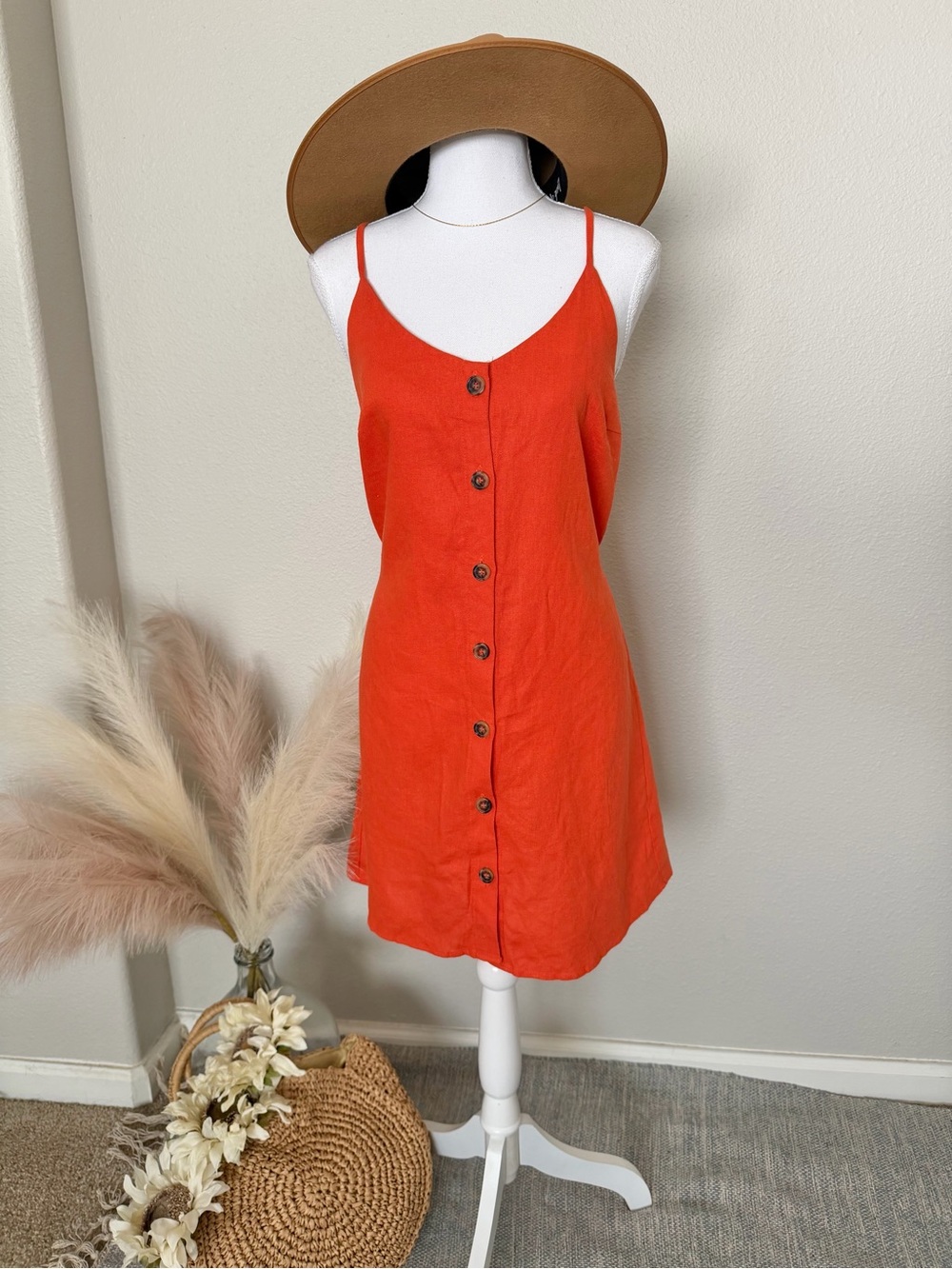 Button-Front Spaghetti Strap Dress - Orange